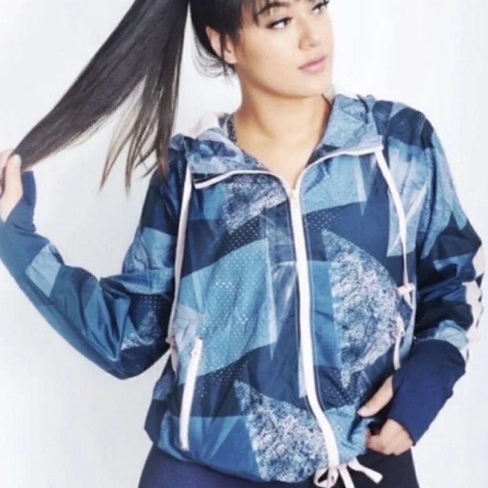ZYIA Blue Pink Geometric Radical Bomber Full Zip Hooded Windbreaker‎ Jacket Sz L